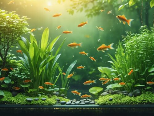 A harmonious pond ecosystem featuring healthy aquatic plants rooted with submerged fertilizer tablets and vibrant fish swimming contentedly, illustrating the balance achieved through fish-safe fertilization methods.