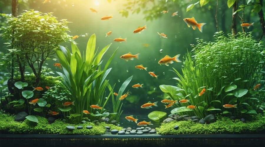 A harmonious pond ecosystem featuring healthy aquatic plants rooted with submerged fertilizer tablets and vibrant fish swimming contentedly, illustrating the balance achieved through fish-safe fertilization methods.