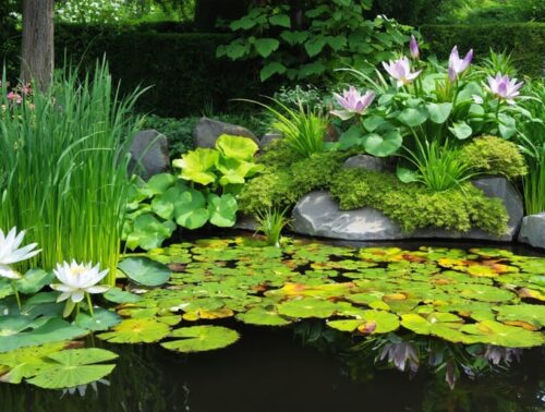 A serene pond filled with a variety of hardy aquatic plants, including vibrant water lilies, tall rushes, and colorful irises, with clear water and small wildlife like dragonflies nearby.