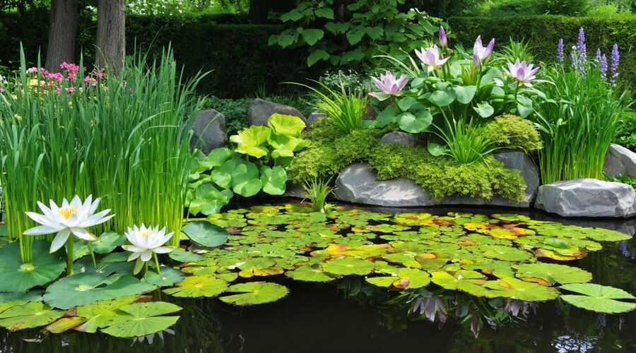 A serene pond filled with a variety of hardy aquatic plants, including vibrant water lilies, tall rushes, and colorful irises, with clear water and small wildlife like dragonflies nearby.