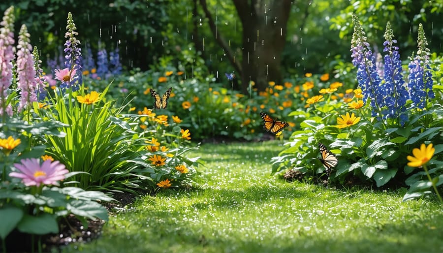 Mature rain garden featuring native plants and active wildlife