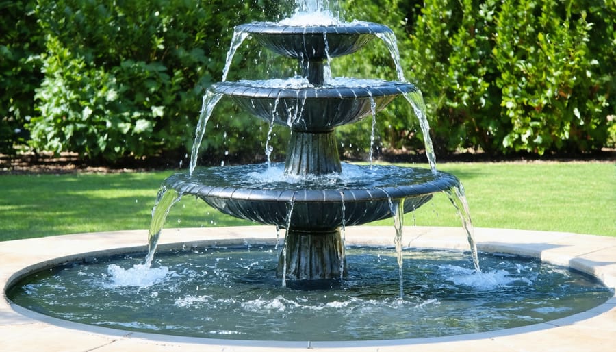 Multi-tiered solar water fountain with cascading water in a landscaped garden