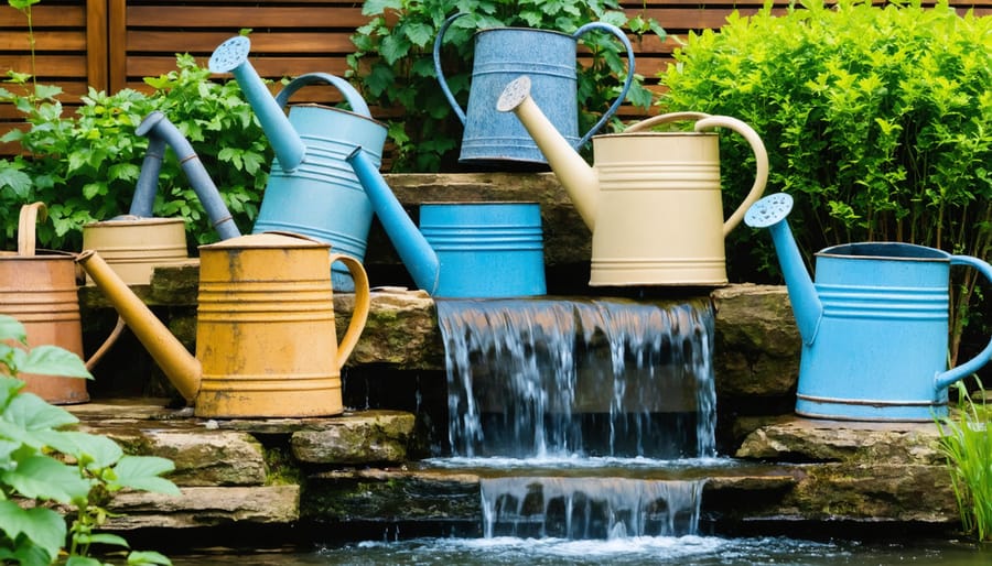 Upcycled garden items transformed into an artistic cascading water feature