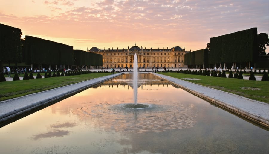 Ornate fountains and reflecting pools at Versailles with the palace reflected in the water