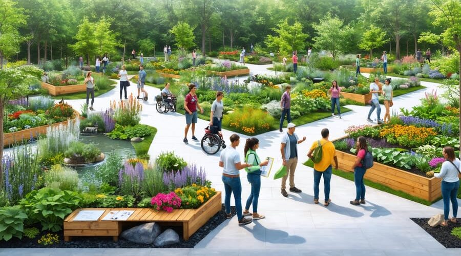 Diverse community members collaborating in a lush water garden with raised beds, flowers, and accessible pathways, emphasizing inclusivity and community spirit.