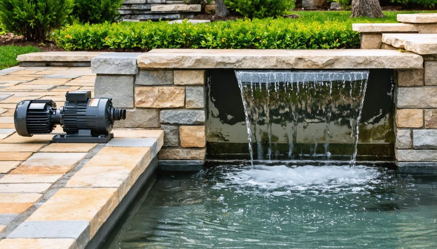Essential components of a DIY water feature including submersible pump, water liner, and plumbing connections