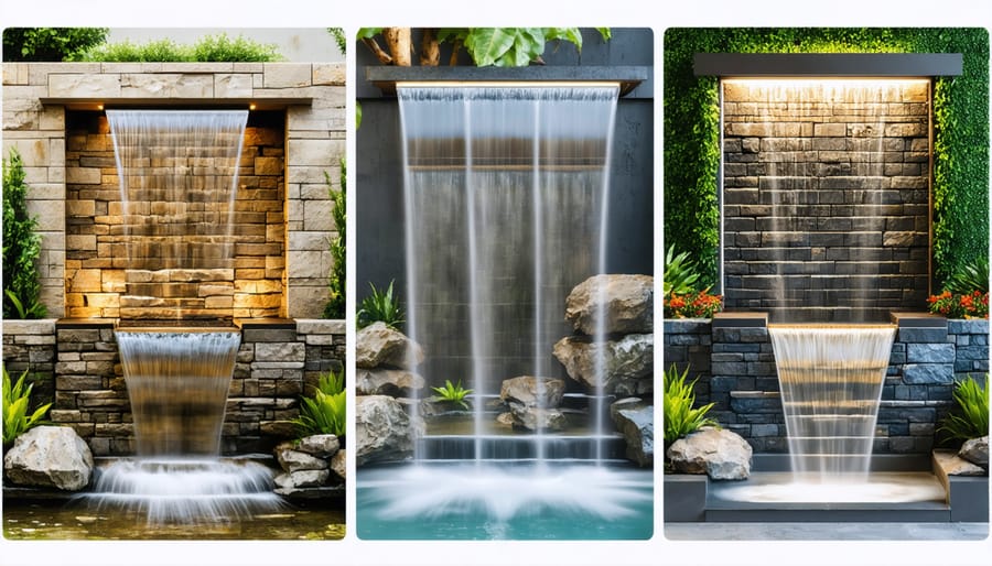 Three different styles of garden water features showing size and design options