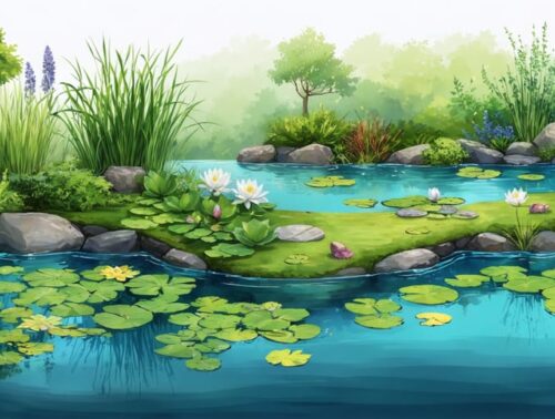 Conceptual illustration of a water garden ecosystem showing diverse plant zones including marginals, deep-water, and floating plants.