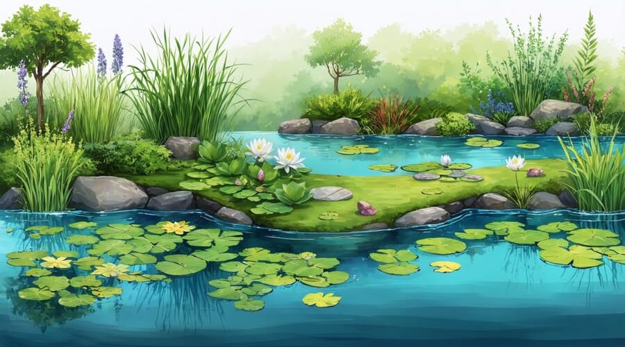 Conceptual illustration of a water garden ecosystem showing diverse plant zones including marginals, deep-water, and floating plants.