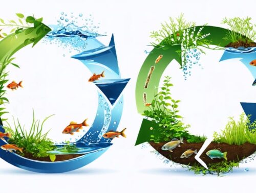 Conceptual illustration of a water garden ecosystem highlighting the nutrient cycle with interconnected elements including fish, plants, beneficial bacteria, and decomposition.