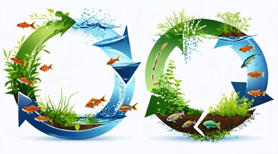 Conceptual illustration of a water garden ecosystem highlighting the nutrient cycle with interconnected elements including fish, plants, beneficial bacteria, and decomposition.