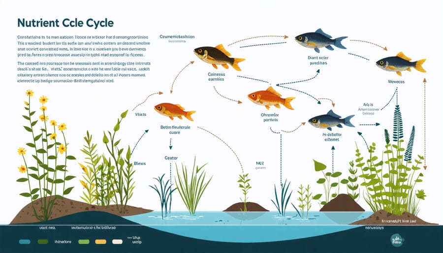 Circular diagram illustrating nutrient cycling between fish, plants, and bacteria in a pond ecosystem