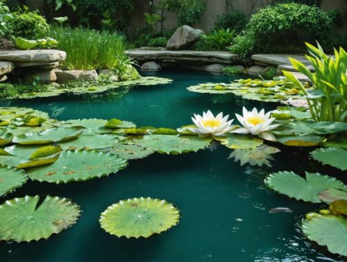 Illustration of a water garden showcasing a variety of aquatic plants - colorful water lilies, floating plants, and marginal species - symbolizing the theme of plant identification and ecosystem balance.