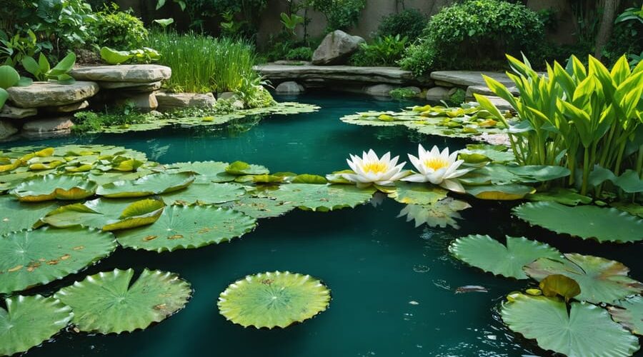 Illustration of a water garden showcasing a variety of aquatic plants - colorful water lilies, floating plants, and marginal species - symbolizing the theme of plant identification and ecosystem balance.