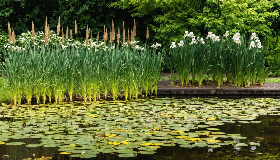 Natural water garden edge showing protective marginal plants sheltering smaller species
