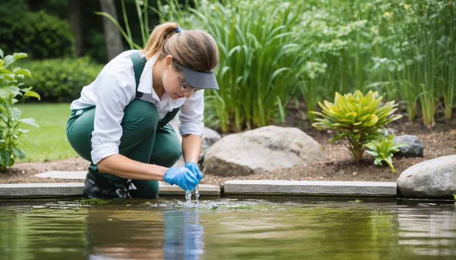 Master gardener using water testing equipment to check pond chemistry while explaining the process to students