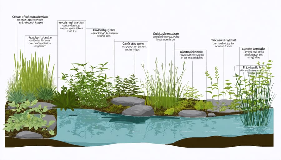 Cross-section illustration of water garden zones showing marginal, floating, and submerged plants