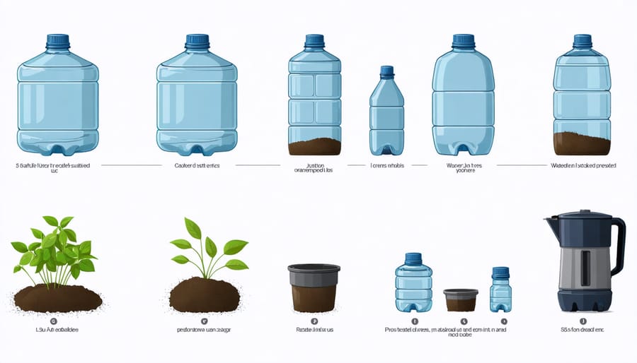 Diagram showing materials needed for water jug garden including jug, pump, plants, and plumbing parts