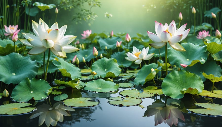 Vibrant water lilies flowering in pink, white, and yellow in a pond setting