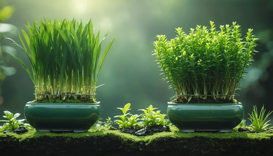 Series of images showing the process of planting water plants in aquatic containers