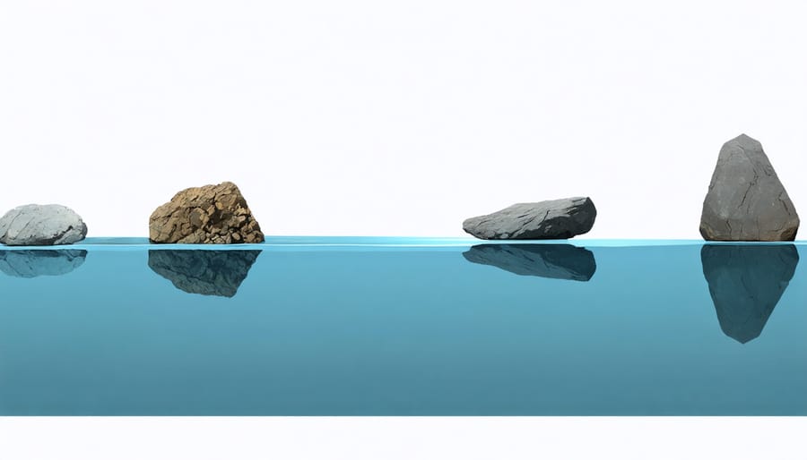 Cross-section illustrations of various rock arrangements and their impact on water sounds