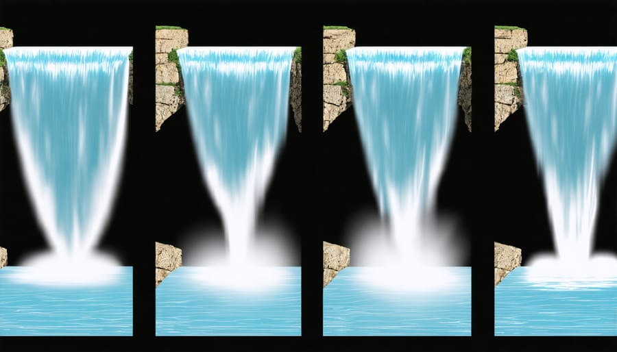 Four stages of building a garden waterfall from foundation to finished structure