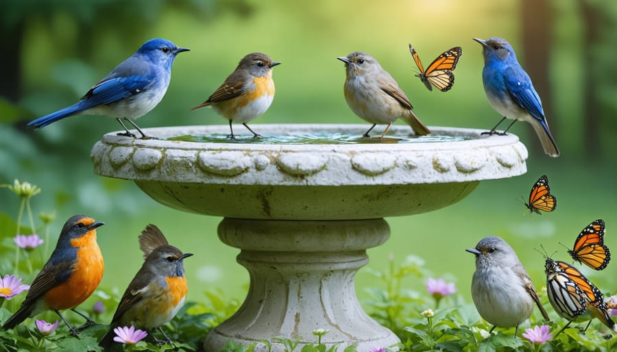 Birds and butterflies drinking from a garden birdbath surrounded by native plants