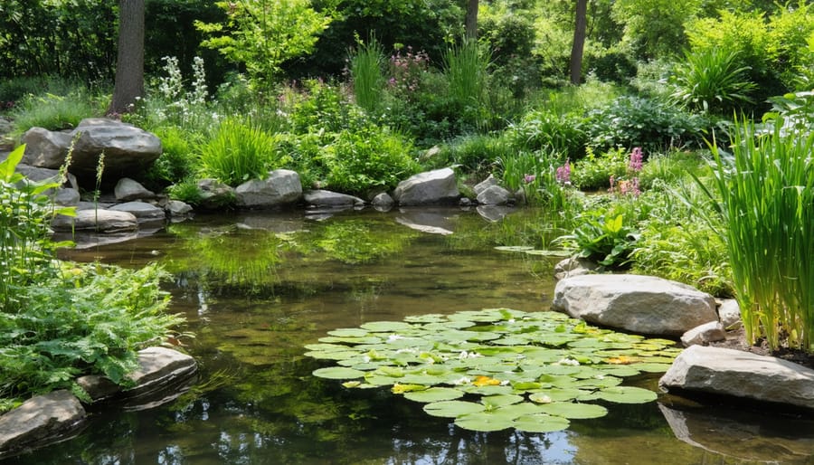 Mature wildlife pond featuring marginal plants, floating vegetation, and natural edges