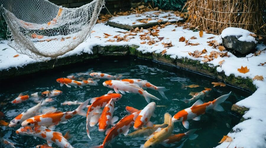 A koi pond in winter with protective netting above and a floating de-icer maintaining open water amongst snow-covered surroundings, with koi visible swimming below.