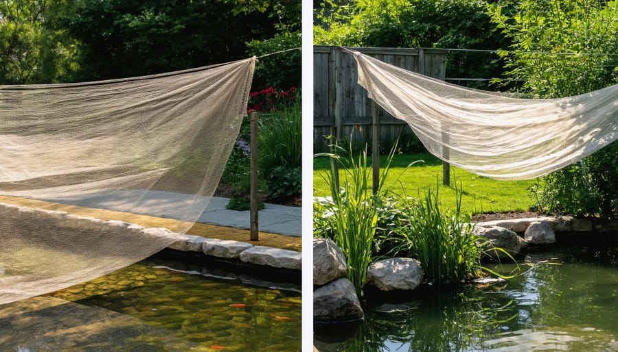 Installation of protective netting over a koi pond for winter preparation