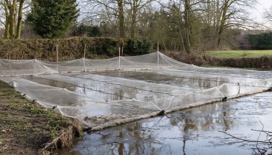 Pond in winter showing protective netting and running aerator with partial ice coverage