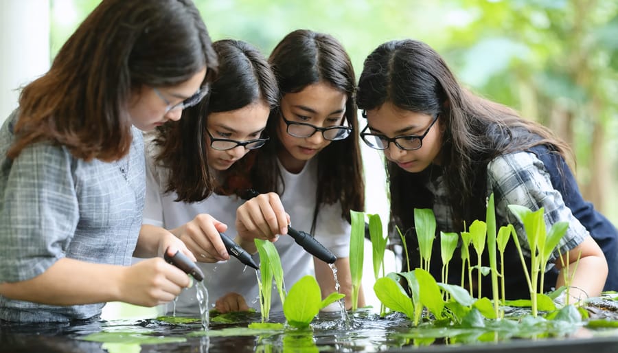 Students participating in hands-on water garden plant identification workshop