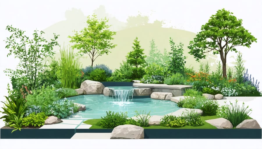 Overhead view of a garden design highlighting plant placement for optimal acoustic management