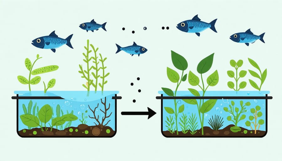 Infographic illustrating the circular relationship between fish waste, bacterial conversion, and plant nutrition in aquaponics