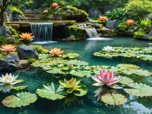 A beautiful water garden displaying a harmonious mix of flowing water lines, vibrant aquatic plants, and contrasting textures with smooth pond surfaces and rugged rocks.