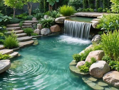 Aerial view illustration of a tranquil backyard featuring fountains, waterfalls, and abundant greenery, designed for optimal acoustic soundscapes.