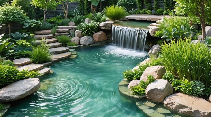 Aerial view illustration of a tranquil backyard featuring fountains, waterfalls, and abundant greenery, designed for optimal acoustic soundscapes.
