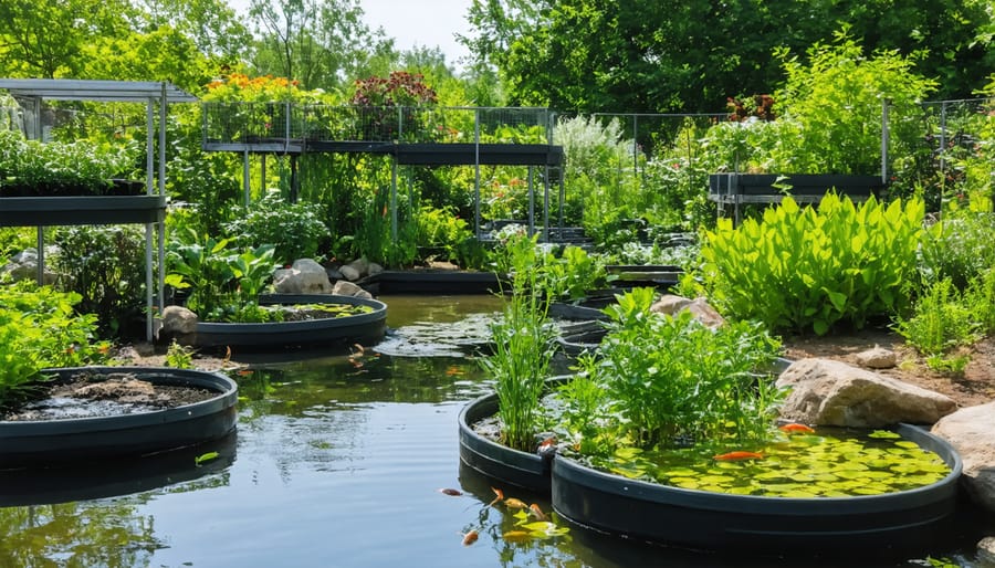 Functioning aquaponic pond showing integrated floating gardens and koi fish swimming below