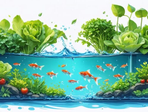Illustration of a backyard aquaponics pond with floating vegetable beds like lettuce and tomatoes, and koi fish swimming below, demonstrating a sustainable fish-plant ecosystem.