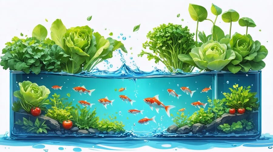 Illustration of a backyard aquaponics pond with floating vegetable beds like lettuce and tomatoes, and koi fish swimming below, demonstrating a sustainable fish-plant ecosystem.