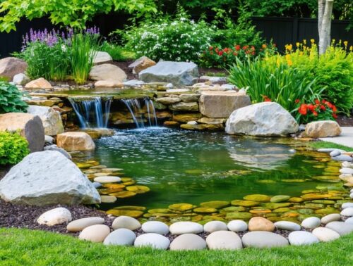 "A serene backyard natural pond blending seamlessly with its surroundings, featuring local stones, native plants, and subtle water features for a harmonious and eco-friendly landscape."