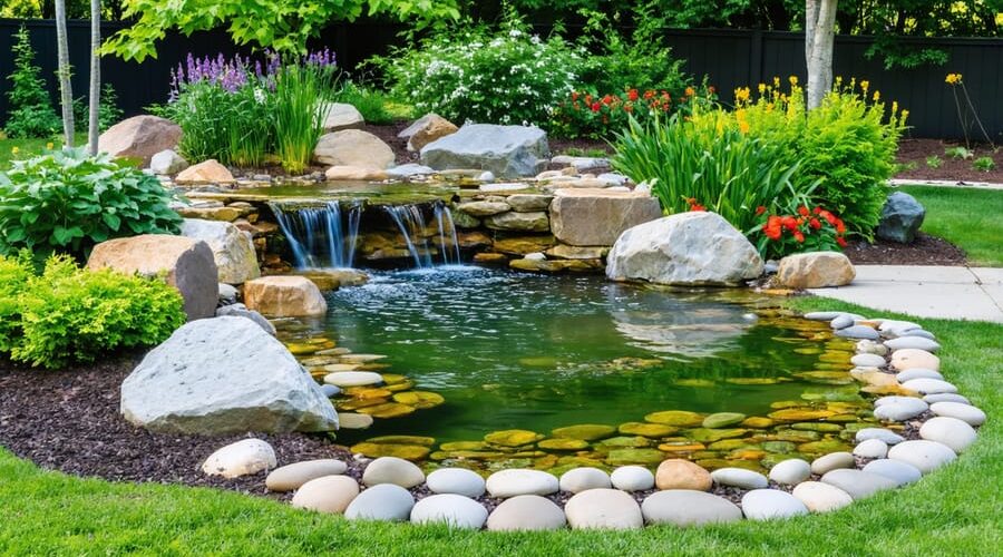 "A serene backyard natural pond blending seamlessly with its surroundings, featuring local stones, native plants, and subtle water features for a harmonious and eco-friendly landscape."