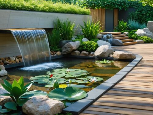 A tranquil backyard oasis showcasing a mix of water features, including a cascading waterfall, a modern fountain, and a pond surrounded by lush greenery, illustrating the serene and natural beauty of water feature design.