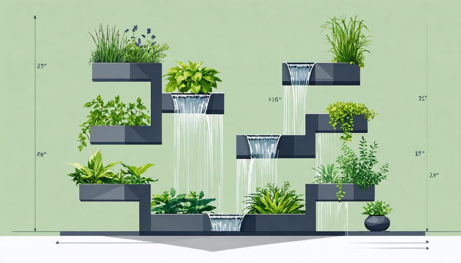 Technical illustration of a cascading terrace plant watering system with water flow indicators