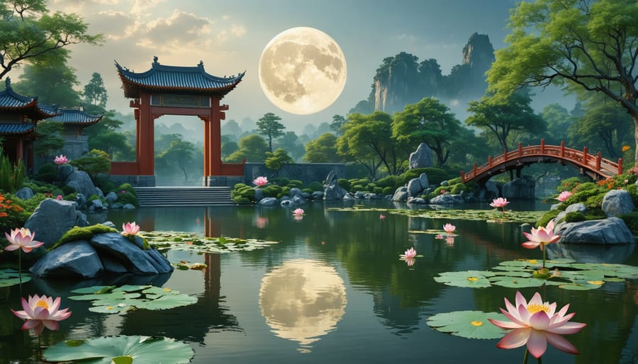 Traditional Chinese garden pond with circular moon gate, ornate pavilion, and blooming lotus