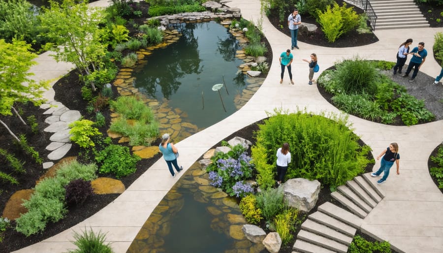 Students and community members collaborating in a water garden featuring native Wisconsin plants and water features