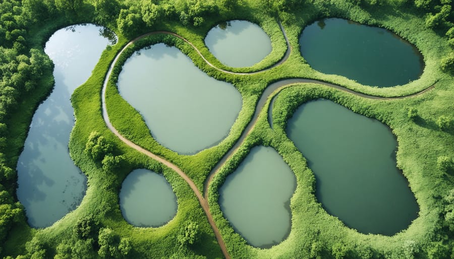 Network of connected garden ponds with natural pathways and vegetation corridors between them
