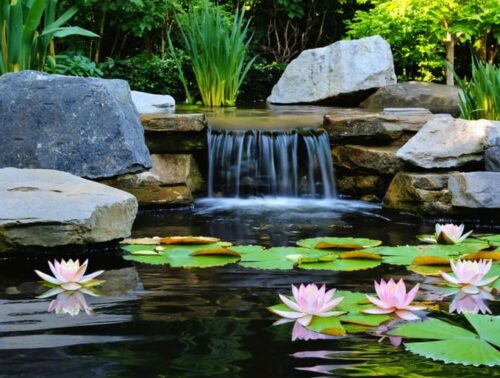 A beautifully designed pond with smooth river rocks contrasting against jagged boulders, water lilies on dark waters, and cascading plants over angular stones, illustrating the power of juxtaposition in natural pond art.