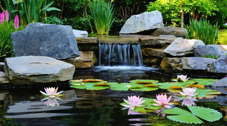 A beautifully designed pond with smooth river rocks contrasting against jagged boulders, water lilies on dark waters, and cascading plants over angular stones, illustrating the power of juxtaposition in natural pond art.