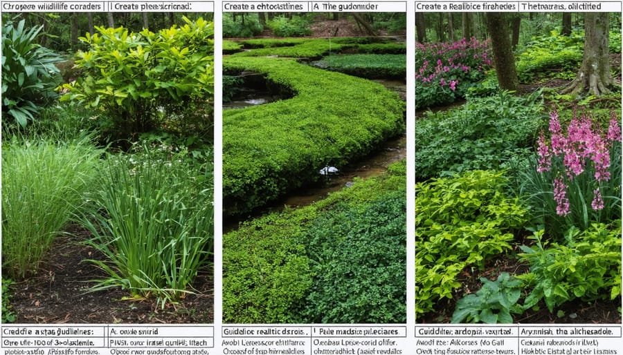 Strategic arrangement of pond-friendly plants creating natural wildlife corridors